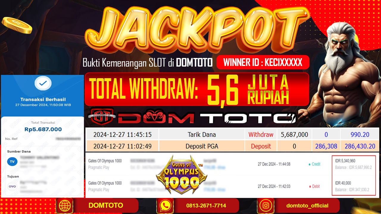 JACKPOT SLOT GATE OF OLYMPUS 1000 27 DESEMBER 2024